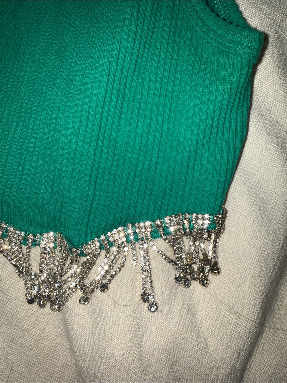 Green Rhinestone Fringe Ribbed Crop Top - Picture 3 of 3